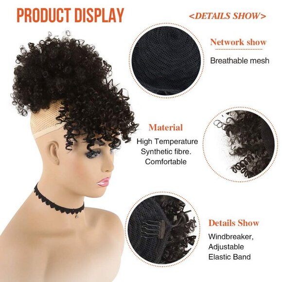 Afro High Puff Wig Synthetic Short Kinky Curly Ponytail with Bangs for Black Wom